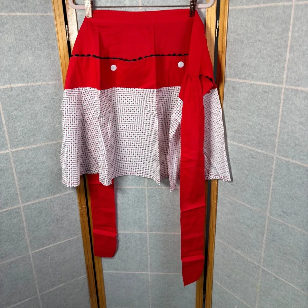 Unbranded Half Apron OS Red‎ White Vintage Style Rick Rack Button Trim Cotton